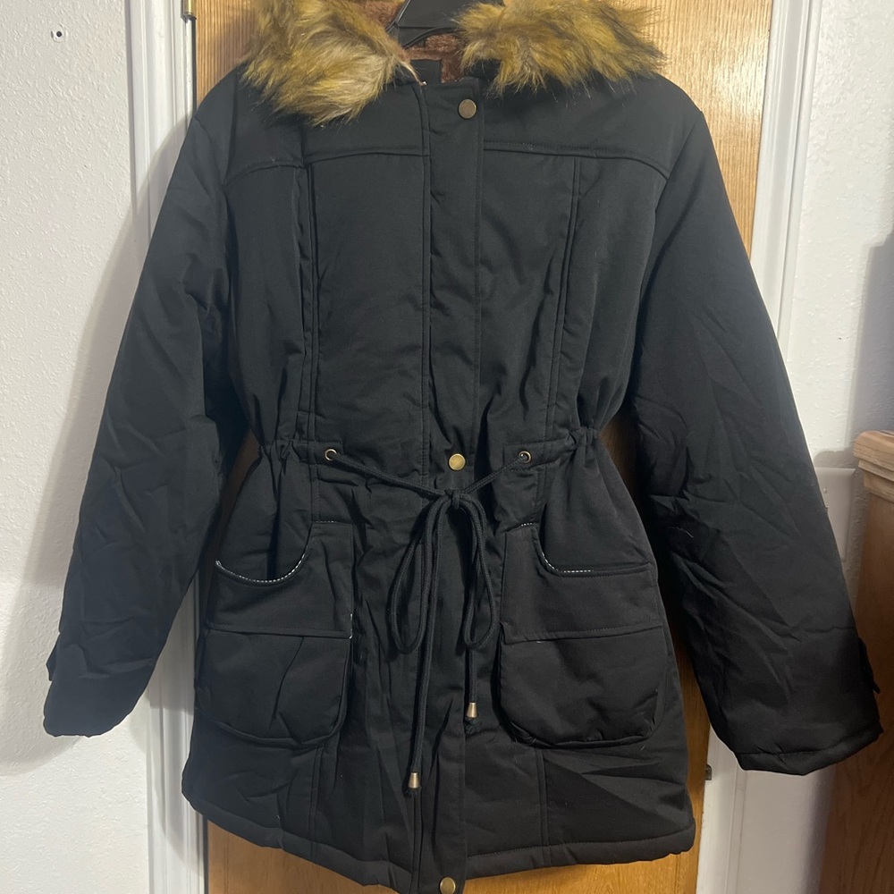 Women's Black Parka with Faux Fur Trim